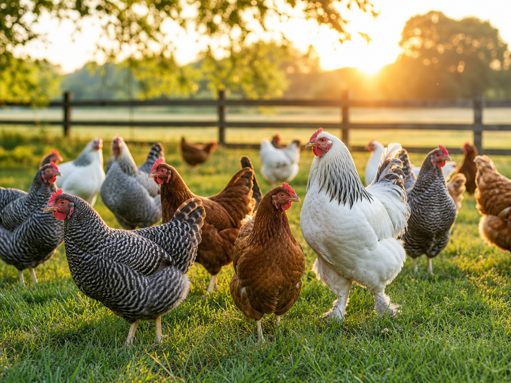 Heritage breed chickens roaming in a sunny green pasture