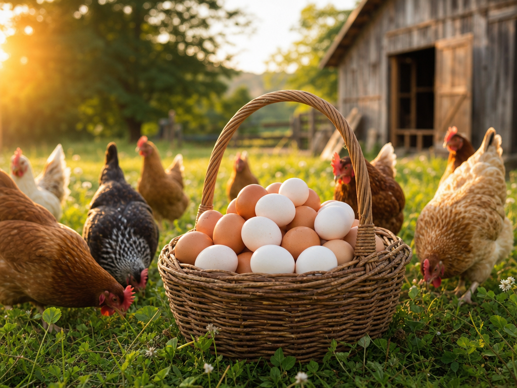 Basket of fresh eggs with backyard hens in a sunny pasture