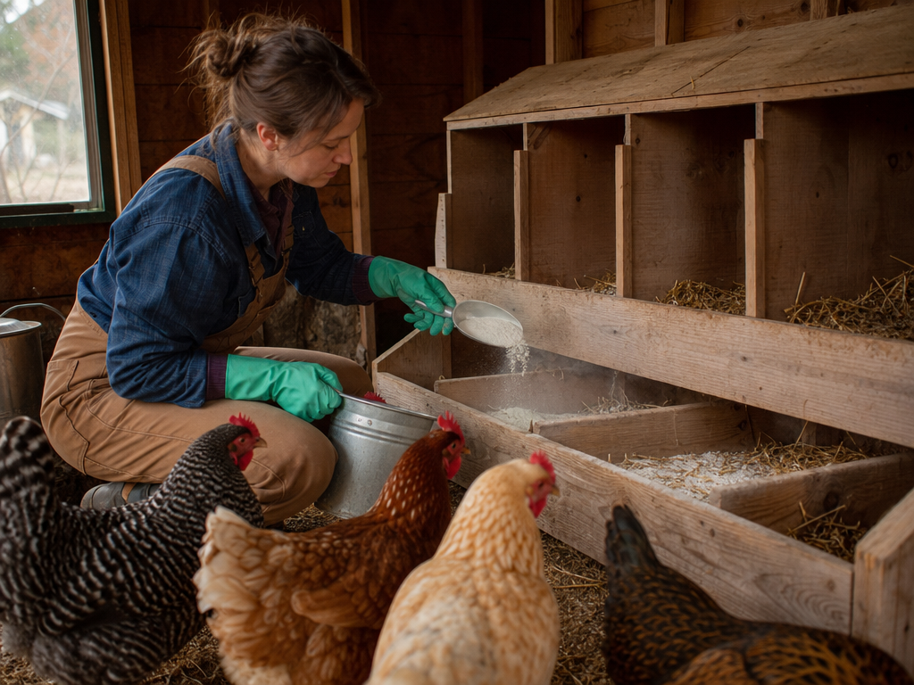 Chicken keeper applying CoopShield into nesting boxes