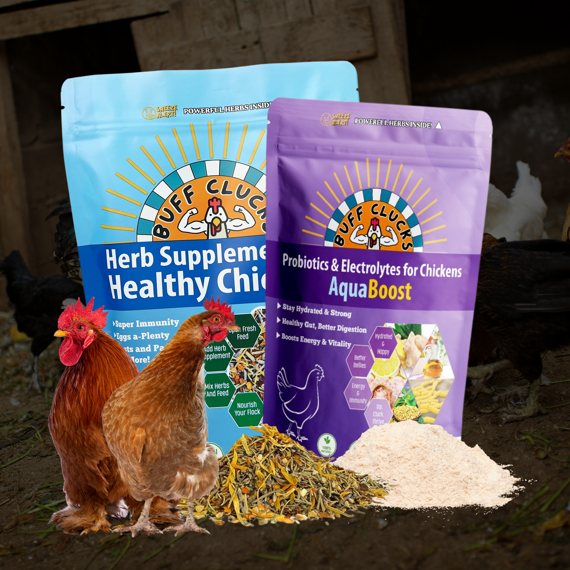 1 Buff Clucks Herb Supplement & 1 AquaBoost Bundle for healthy& happy Flocks