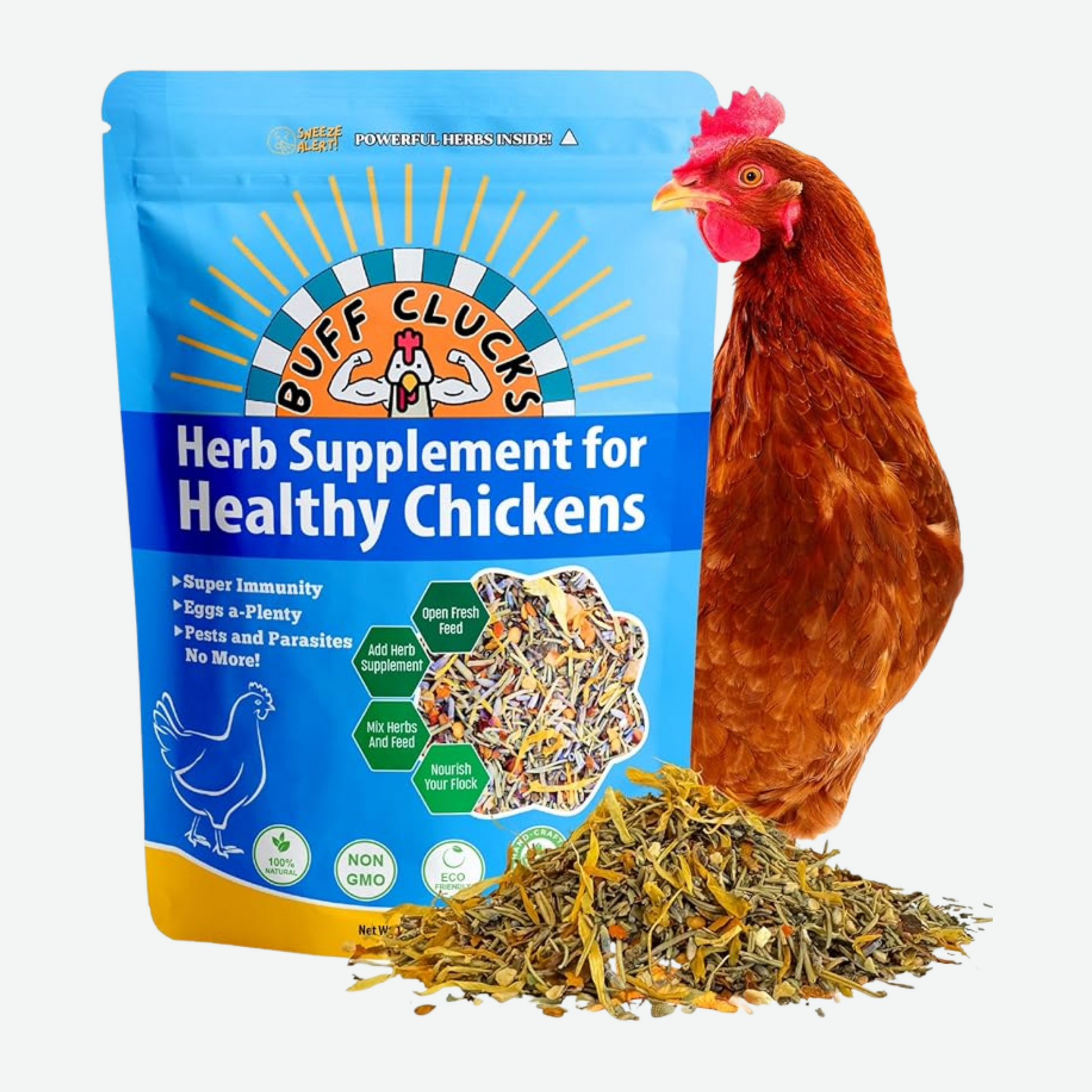 buff clucks herb supplement for chickens front of package
