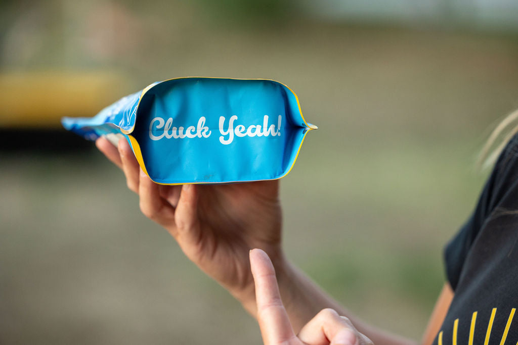 cluck yeah on bottom gusset of buff clucks herb supplement for chickens