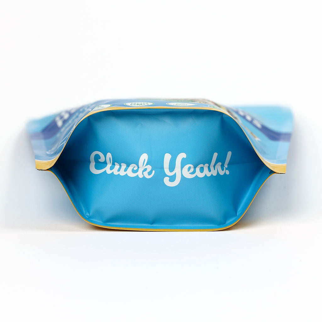 bottom gusset of buff clucks herb supplement bag says cluck yeah!