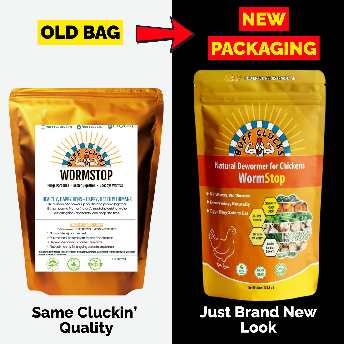 Comparison of old bag to new bag of wormstop