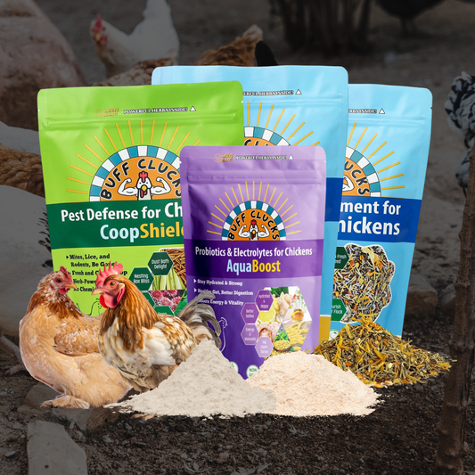 Flock Favorites Bundle with 2 buff clucks herb supplement, 1 coopshield, and 1 aquaboost on a hay bale