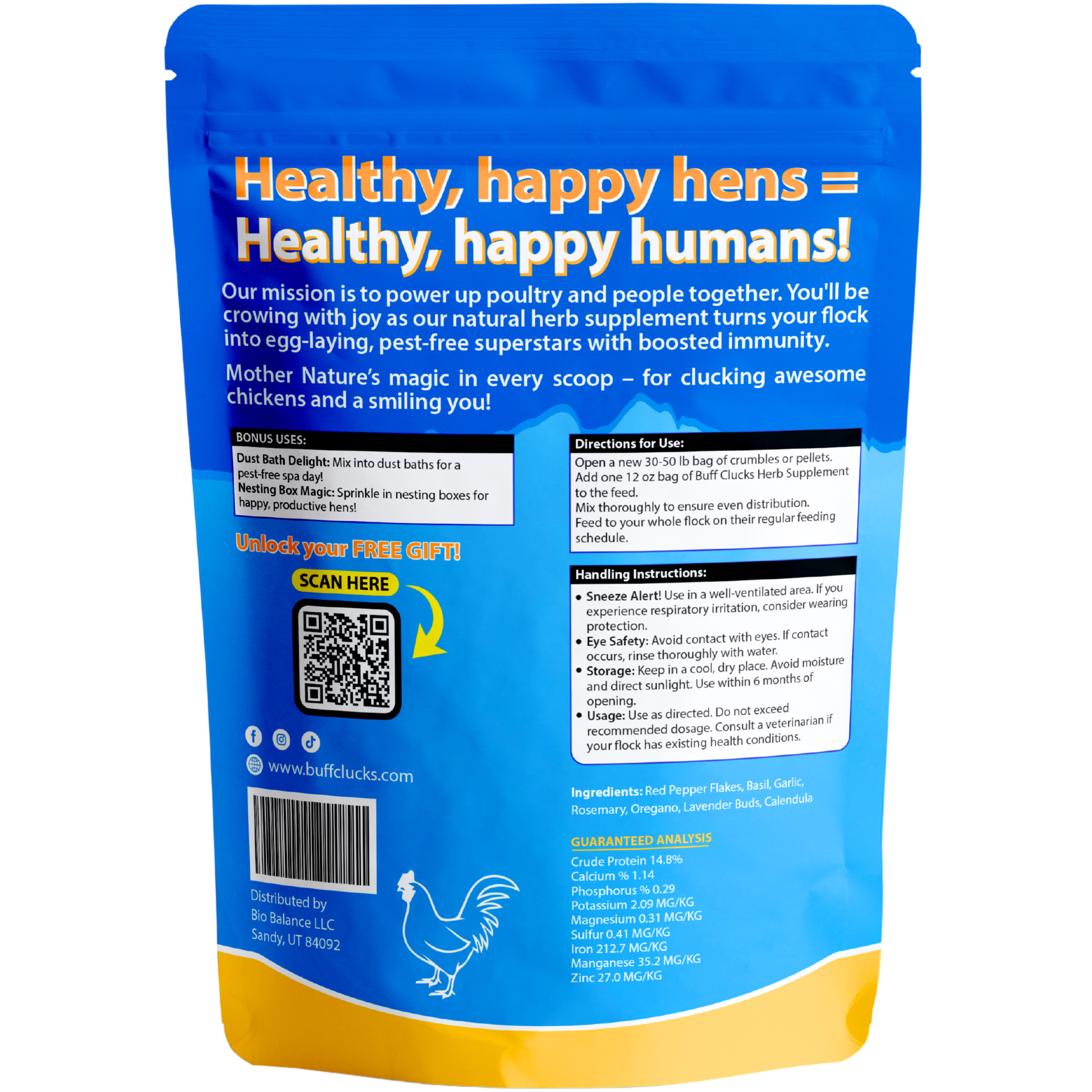 buff clucks herb supplement back of bag