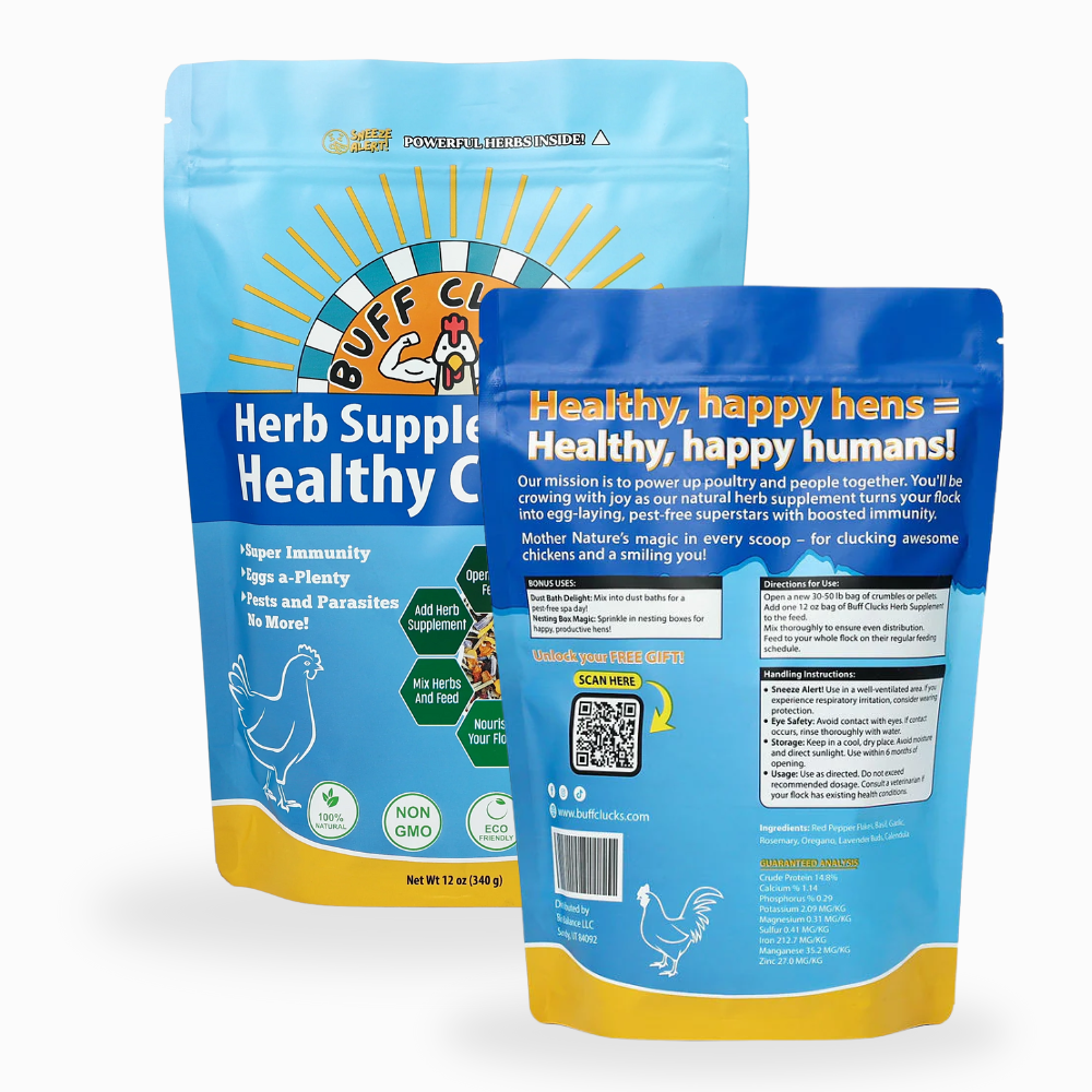 Buff Clucks Herb Supplement for healthy chicken front and back packaging.