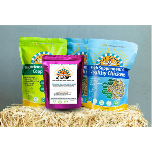 Flock Favorites Bundle with 2 buff clucks herb supplement, 1 coopshield, and 1 aquaboost on a hay bale