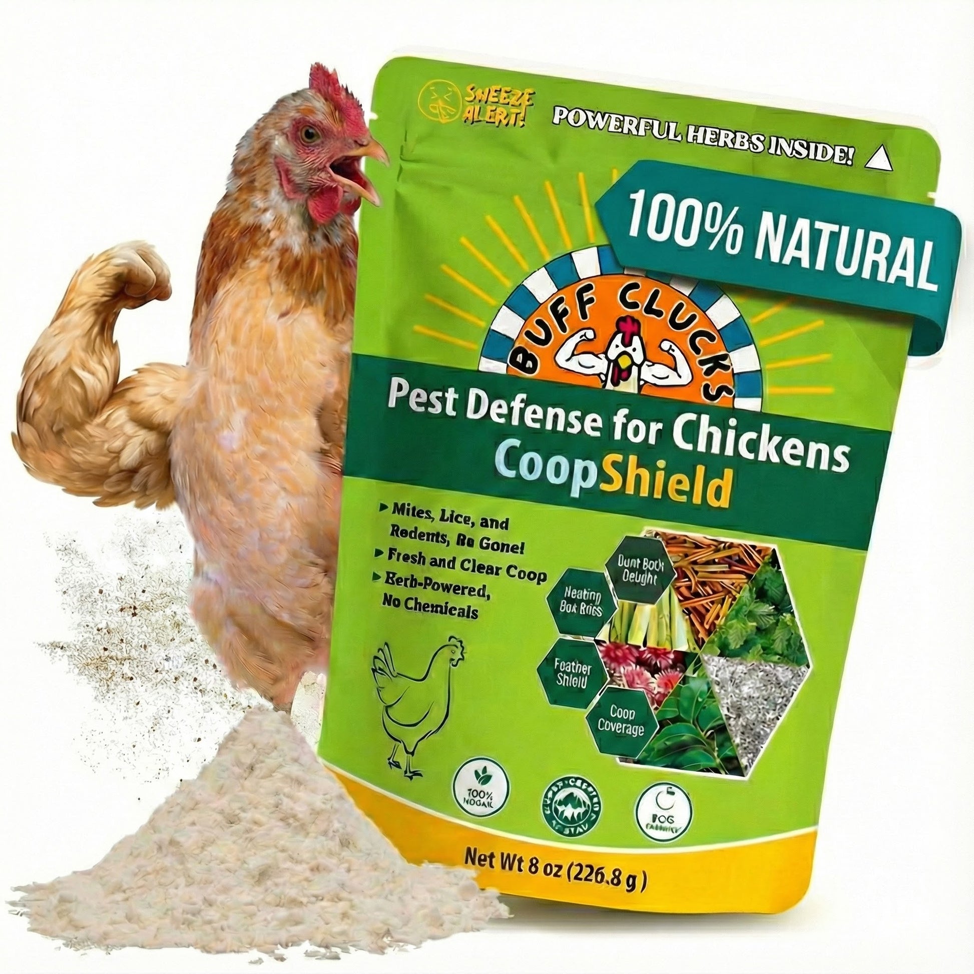 Buff Clucks CoopShield green pouch with flexing chicken and white powder highlighting natural pest protection